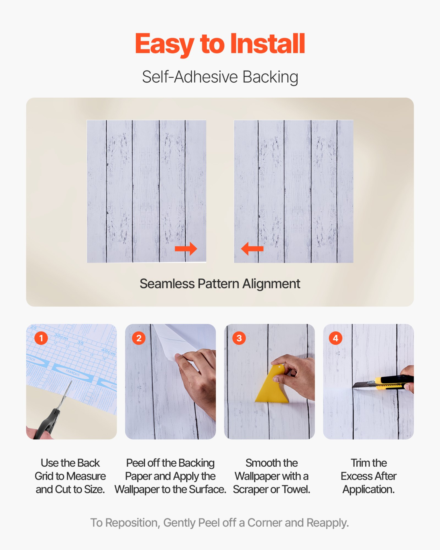 VEVOR White Wood Peel-and-Stick Wallpaper Roll | Self-Adhesive Vinyl Contact Paper for Walls and Furniture