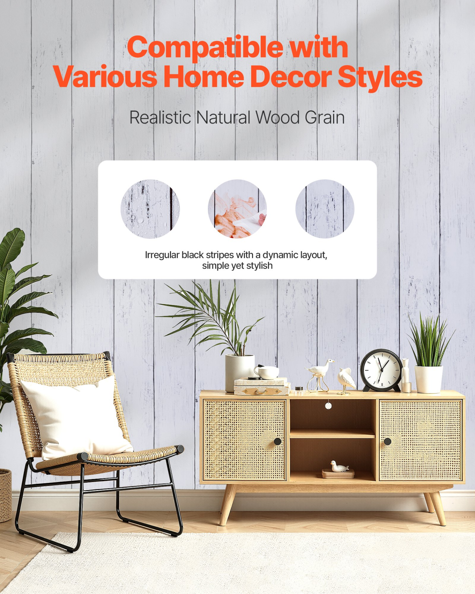 VEVOR White Wood Peel-and-Stick Wallpaper Roll (12 m) | Self-Adhesive Vinyl Contact Paper for Walls and Furniture
