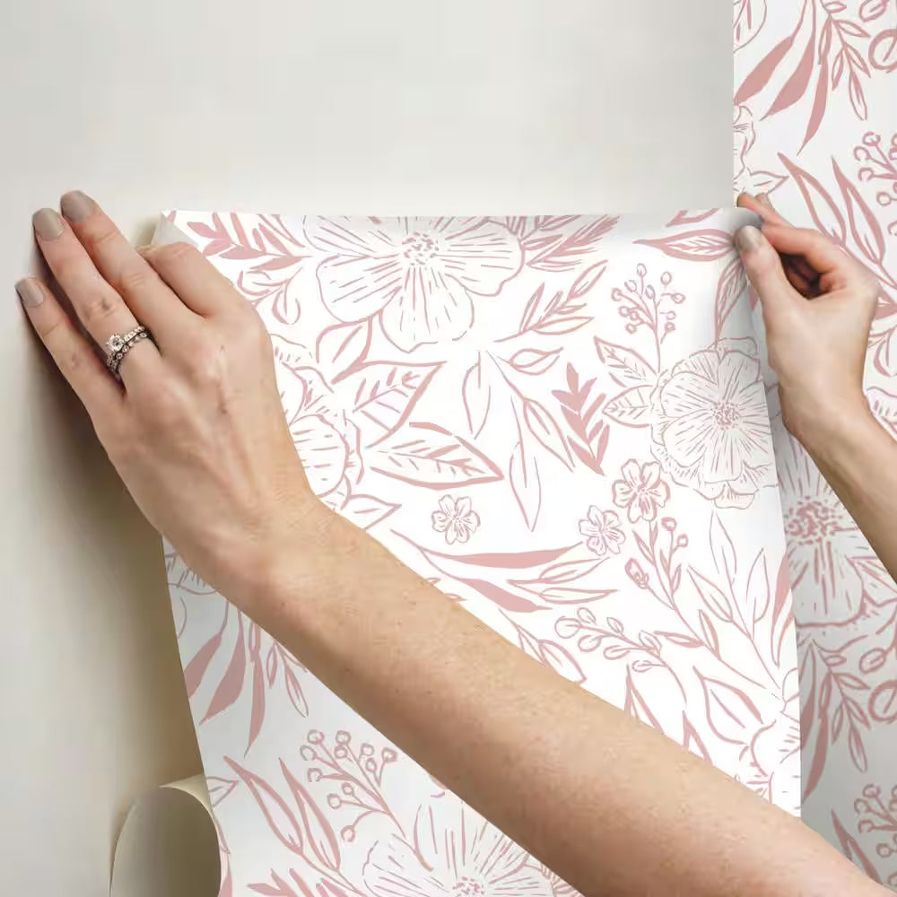 Floral Sketch Pink Vinyl Peel and Stick Matte Wallpaper 30.75 sq. ft.