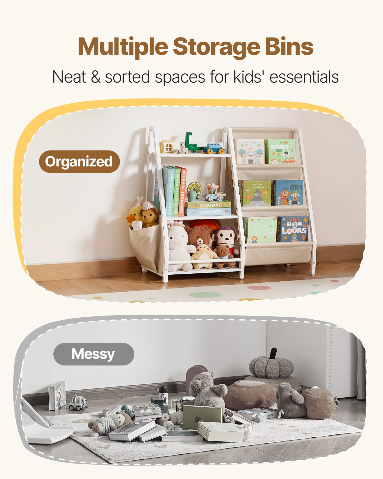VEVOR 3-Tier Kids Bookshelf, Toy Storage Organizer for Toddler, Book Shelf for Kids Rooms with Sling Book Rack and Storage Bag, Kids Storage Book Shelves for Kids Room, Playroom, Kindergarten, Nursery