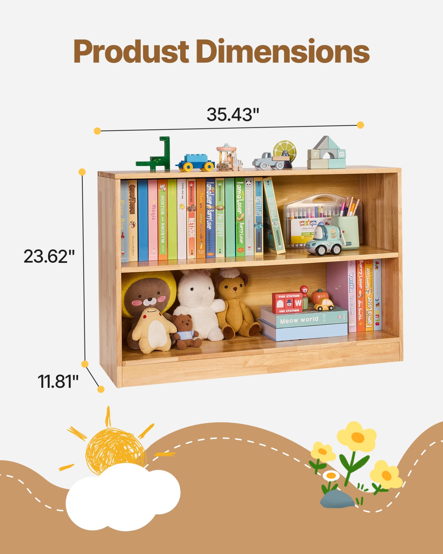 VEVOR Montessori Bookshelf, 35.4 in Width Toy Storage Organizer,  2-Tier Kids Display Storage Cabinet, Daycare Furniture, Kids Bookshelf for Bedroom, Nursery, Living Room, Entryway, Preschool, Brown