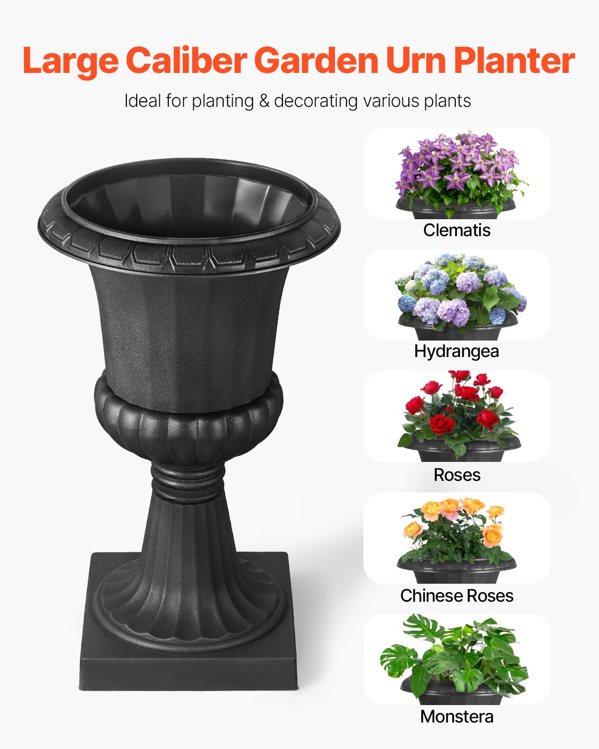 VEVOR Plastic Urn Planters, 15.8 x 26.4 Inch, 2 Pack Black Classic Flower Pots Front Porch Planters, Indoor & Outdoor Vase for Wedding, Party, Event, Home, Stage, Garden, Balcony, Patio Decoration