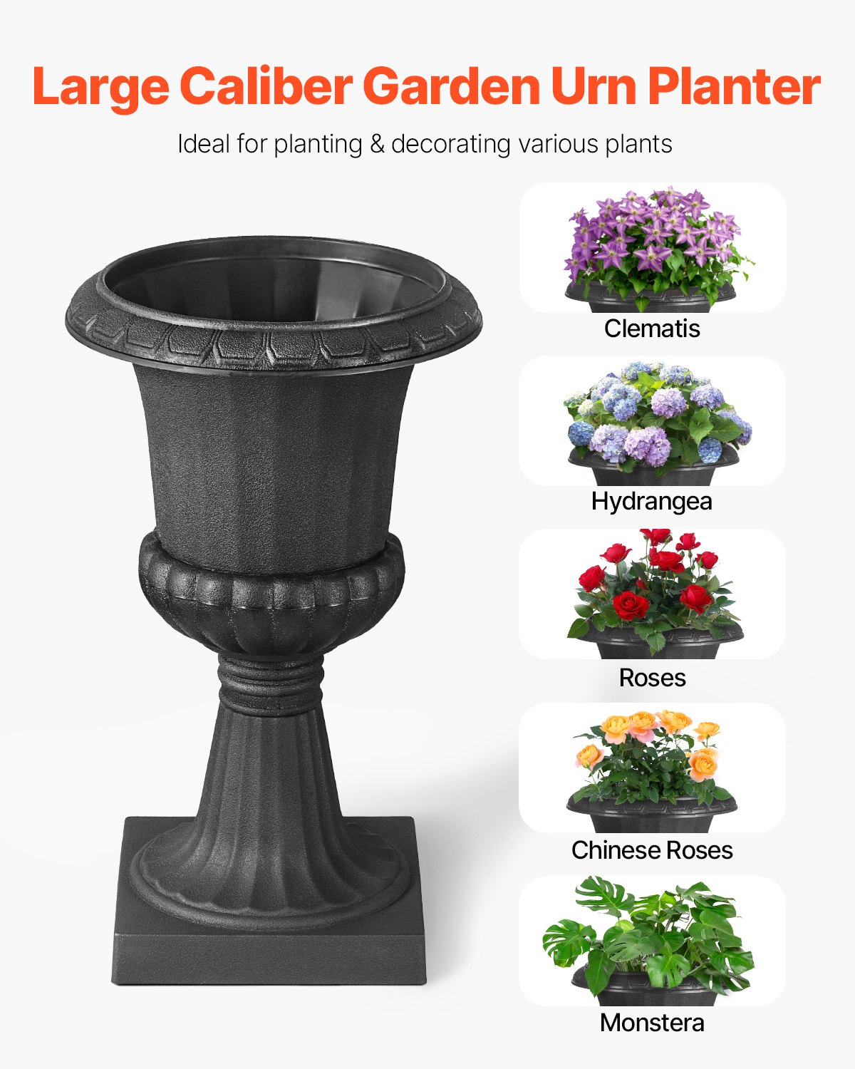 VEVOR Plastic Urn Planters, 9.8 x 16.5 Inch, 2 Pack Black Classic Flower Pots Front Porch Planters, Indoor & Outdoor Vase for Wedding, Party, Event, Home, Stage, Garden, Balcony, Patio Decoration