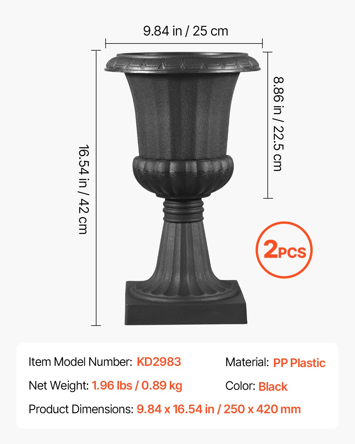VEVOR Plastic Urn Planters, 9.8 x 16.5 Inch, 2 Pack Black Classic Flower Pots Front Porch Planters, Indoor & Outdoor Vase for Wedding, Party, Event, Home, Stage, Garden, Balcony, Patio Decoration