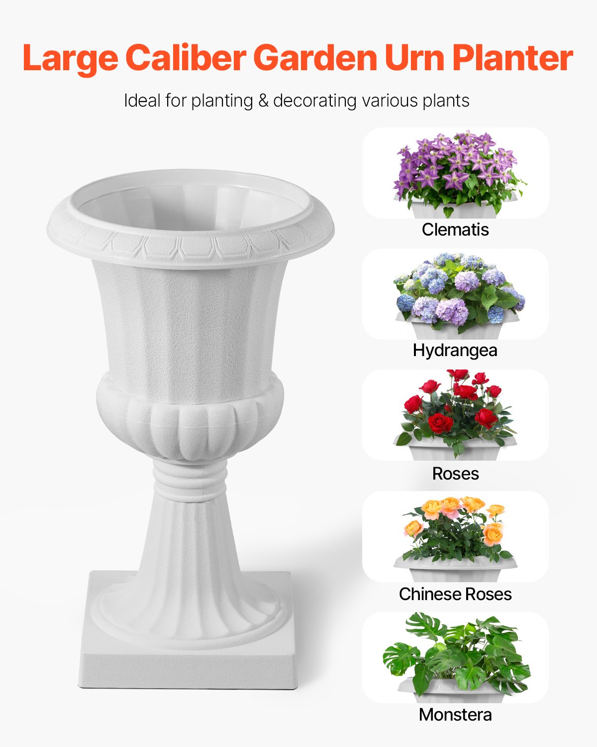 VEVOR Plastic Urn Planters, 9.8 x 16.5 Inch, 2 Pack White Classic Flower Pots Front Porch Planters, Indoor & Outdoor Vase for Wedding, Party, Event, Home, Stage, Garden, Balcony, Patio Decoration