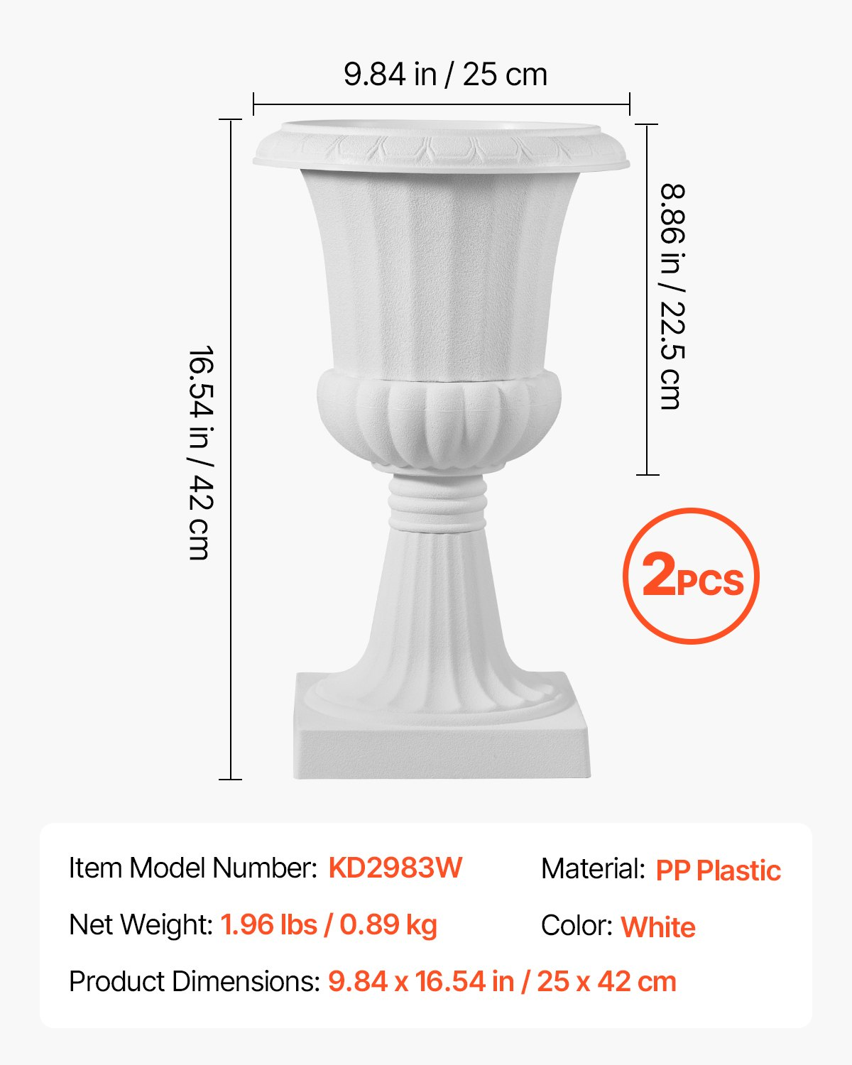 VEVOR Plastic Urn Planters, 9.8 x 16.5 Inch, 2 Pack White Classic Flower Pots Front Porch Planters, Indoor & Outdoor Vase for Wedding, Party, Event, Home, Stage, Garden, Balcony, Patio Decoration
