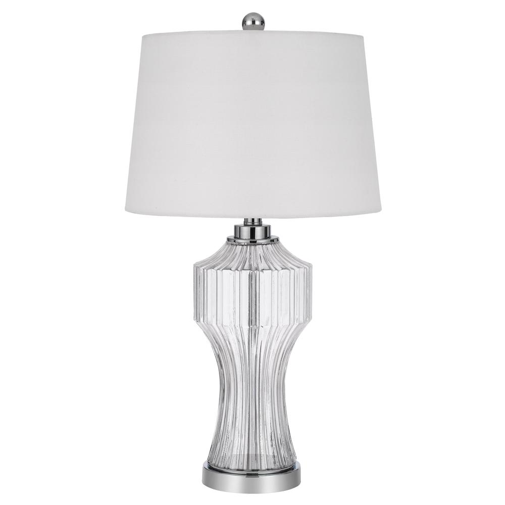 100W Reston Column Glass Table Lamp – 3-Way with Geometric Design and Linen Shade