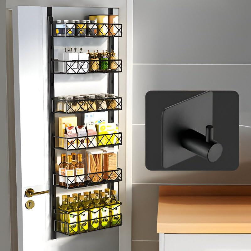 6-Tier Over-the-Door Pantry Organizer with Cloth Hook – Metal Kitchen Spice Rack and Can Storage, Maximize Pantry Door Space for Neat and Efficient Organization, Black