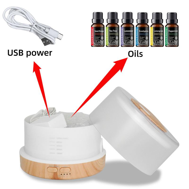 500ml Ultrasonic Aroma Diffuser + 6 Essential Oils | Quiet Humidifier, Air Purifier, 7 LED Colors, Auto-Off Safety, Wood Grain Design for Home, Bedroom & Large Rooms