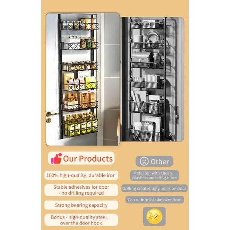 6-Tier Over-the-Door Pantry Organizer with Cloth Hook – Metal Kitchen Spice Rack and Can Storage, Maximize Pantry Door Space for Neat and Efficient Organization, Black
