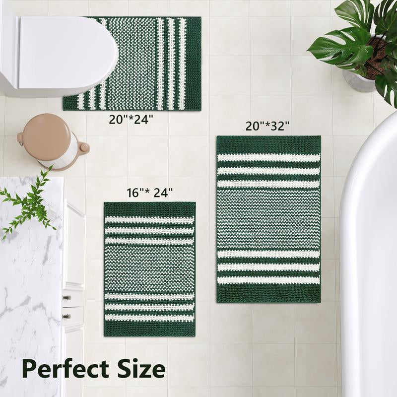Green Bathroom Rug Set, 3-Piece Ultra Soft Non-Slip Chenille Bath Mats, Plush Absorbent Toilet & Floor Mats