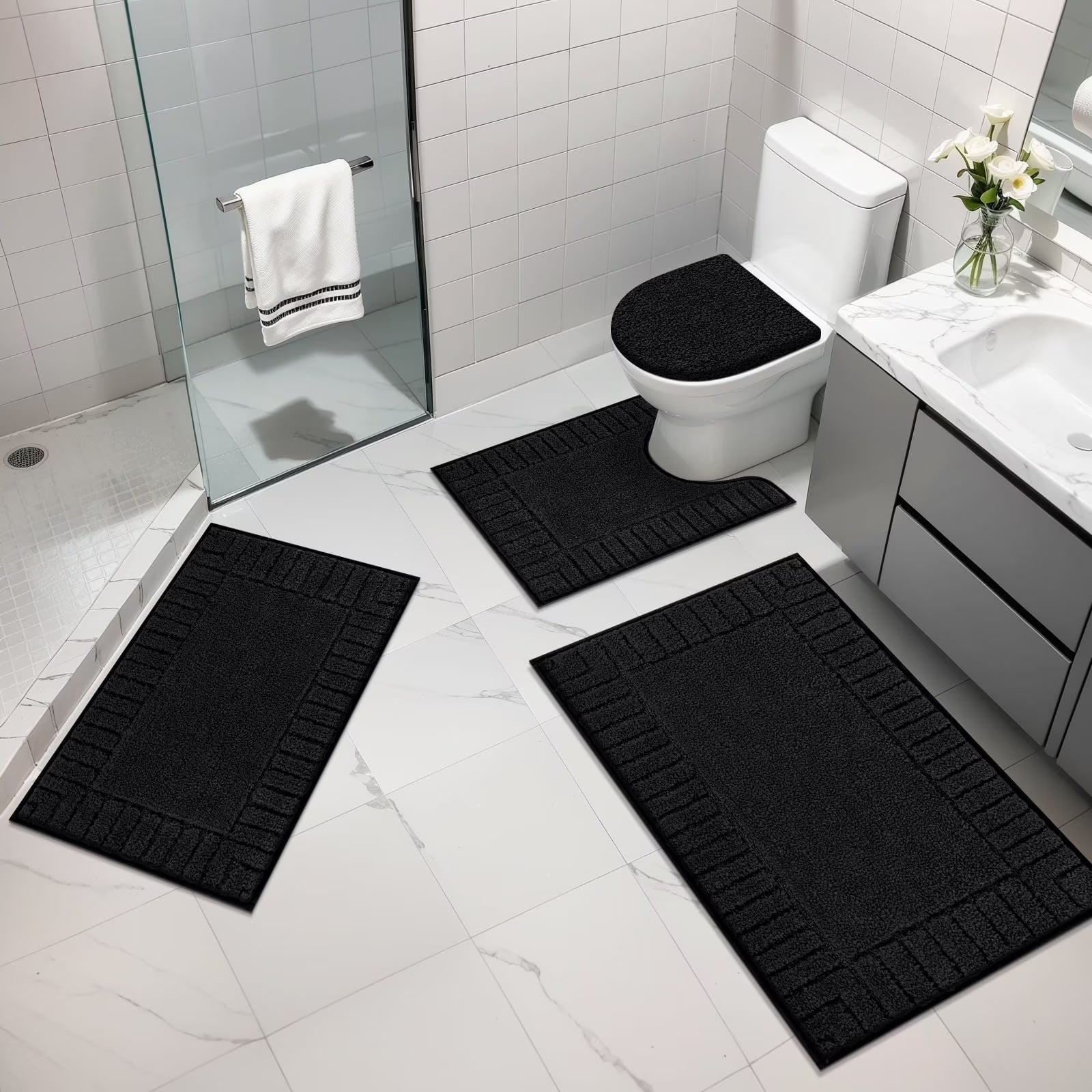 Bathroom Rugs Set of 4 Piece, Bath Mats, Microfiber Non Slip Shaggy Ultra Soft Bathroom Runner with U Shaped Contour Toilet Mat for Bathroom, Shower Inside Floor, Gray