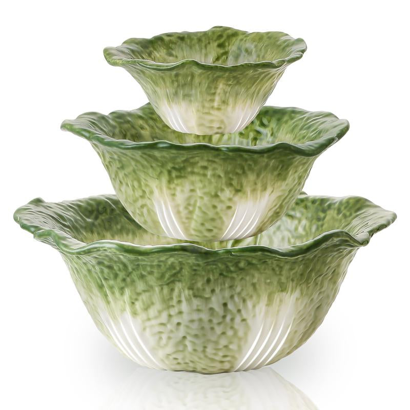 KXZ 3-Piece Cabbage Ceramic Bowl Set – 5oz, 16oz & 60oz Bowls for Soup, Salad, Fruit | Elegant Green Hand-Painted Serving Bowls