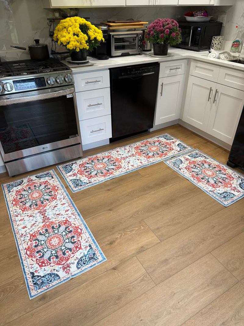 Boho 3-Piece Rug Set – Thick Non-Slip Flannel Mats for Kitchen, Hallway & Laundry