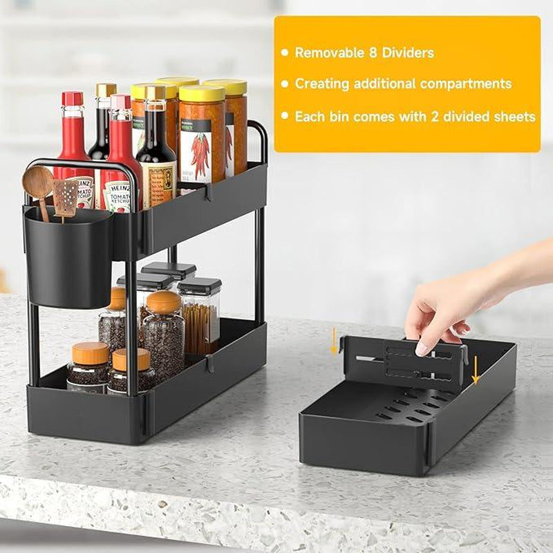 3 Pack Under Sink Organizers And Storage With Dividers,2-Tier Bathroom Organizers and Storage,Kitchen Organization,Cabinet Organizer With Hooks,Hanging Cup,Dividers,Handles