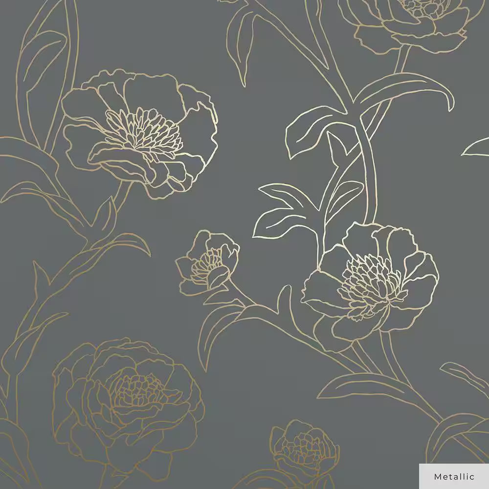 Metallic Black and White Peonies Vinyl Peel and Stick Wallpaper Roll