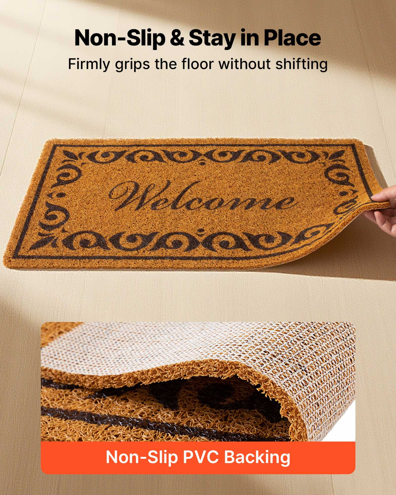 VEVOR Door Mat, Welcome Doormat for Outdoor Entrance, 29.5" x 17" All-Weather Faux Coir Entryway Mat with Non-Slip Backing, Low-Profile & Easy-to-Clean Front Door Mats for Garage, Backyard, Patio