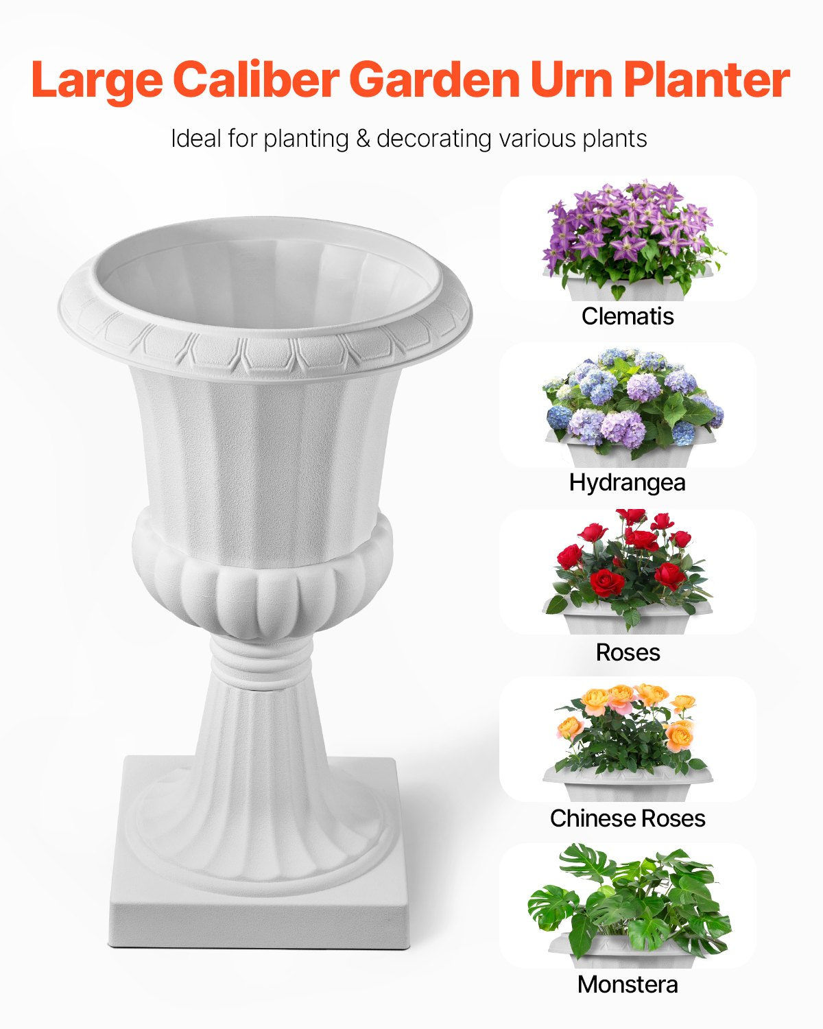 VEVOR Plastic Urn Planters, 15.8 x 26.4 Inch, 2 Pack White Classic Flower Pots Front Porch Planters, Indoor & Outdoor Vase for Wedding, Party, Event, Home, Stage, Garden, Balcony, Patio Decoration