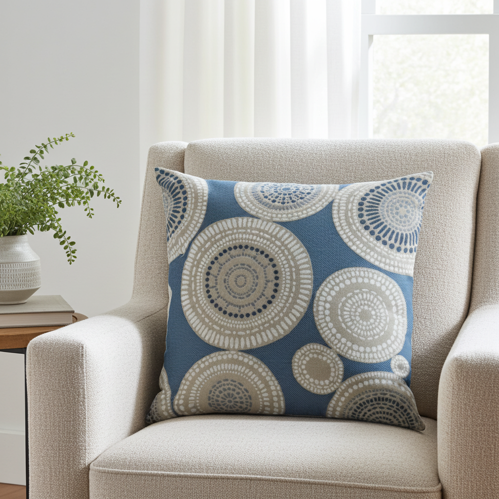 Seashell Haven Blue, cream Motif Luxury Throw Pillow