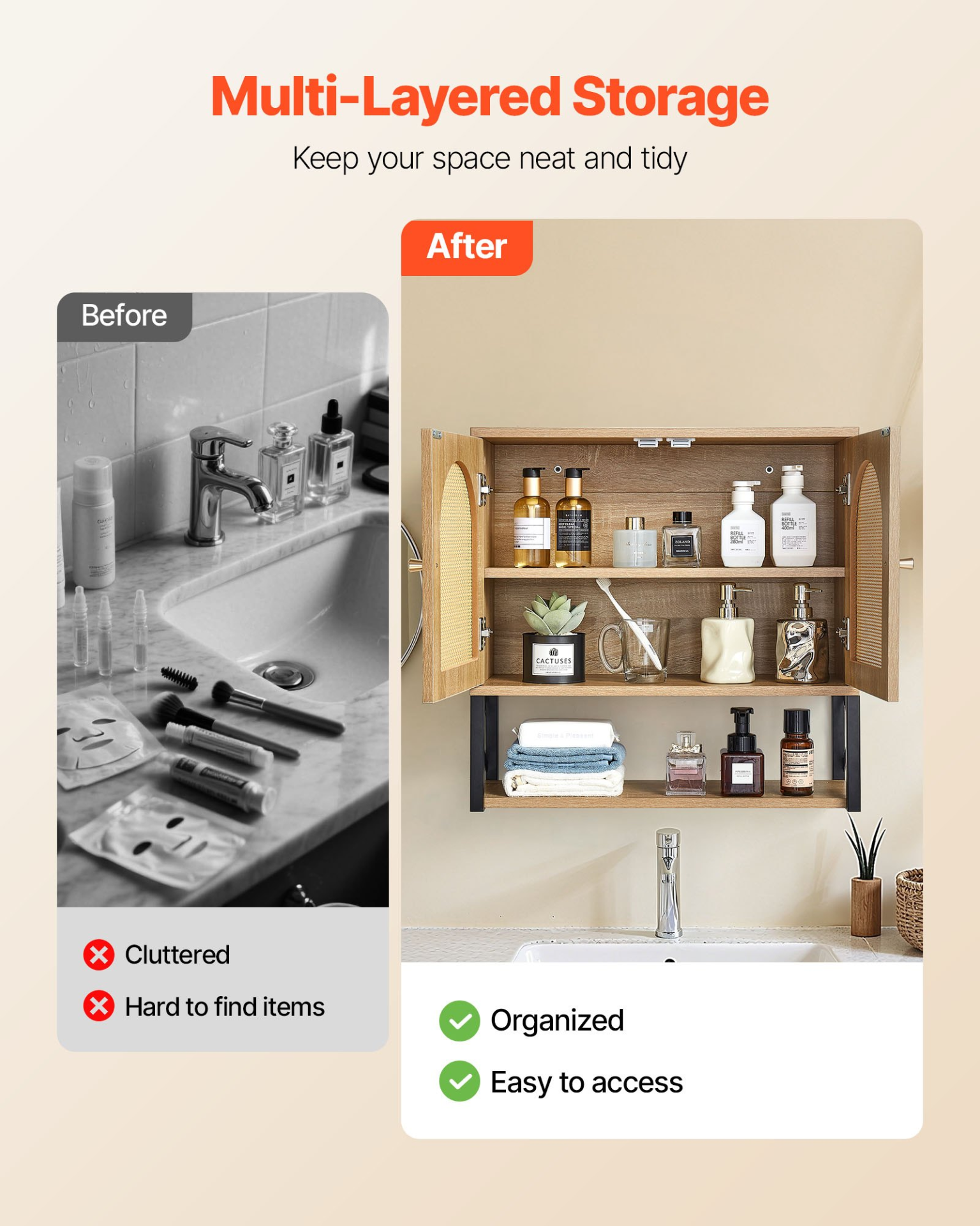 VEVOR Bathroom Wall Cabinet, with 2 Doors and Adjustable Shelf, Over the Toilet Storage Medicine Cabinet Wall Mounted, Hanging Organizer with Shelves & Open Partition for Laundry Room Kitchen Restroom