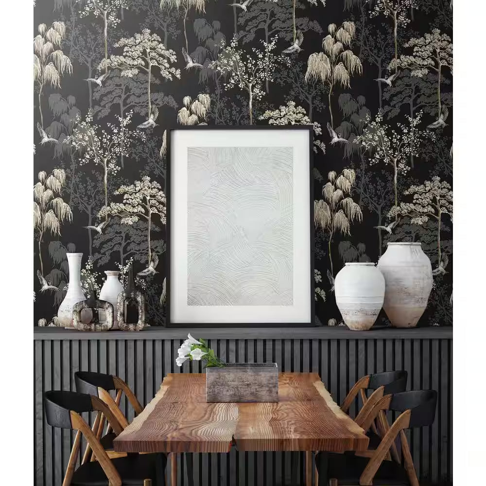 Black Bird Garden Floral Vinyl Peel and Stick Wallpaper Roll 30.75 sq. ft.