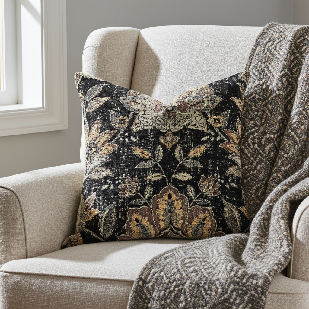 Noir Lotus Blossom Luxury Throw Pillow