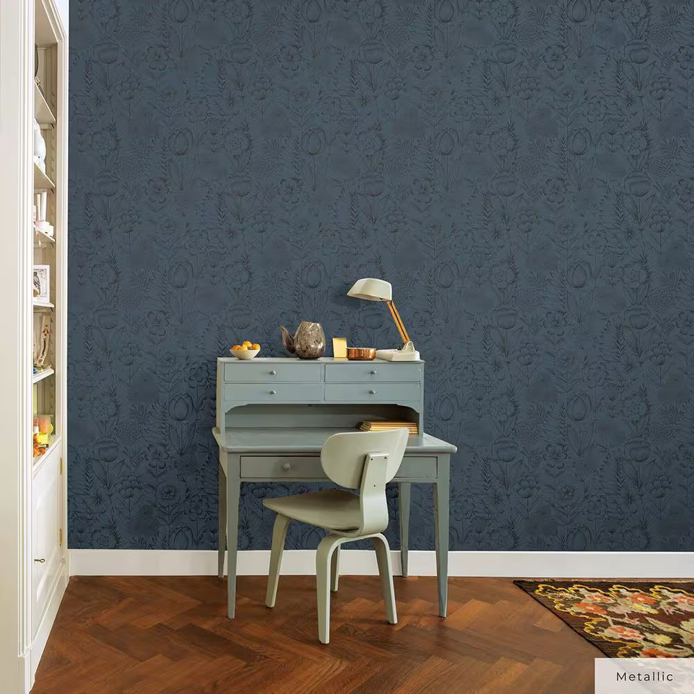 Metallic Blue Ribbon Homestead Floral Vinyl Peel and Stick Wallpaper Roll (Covers 28 sq. ft.)