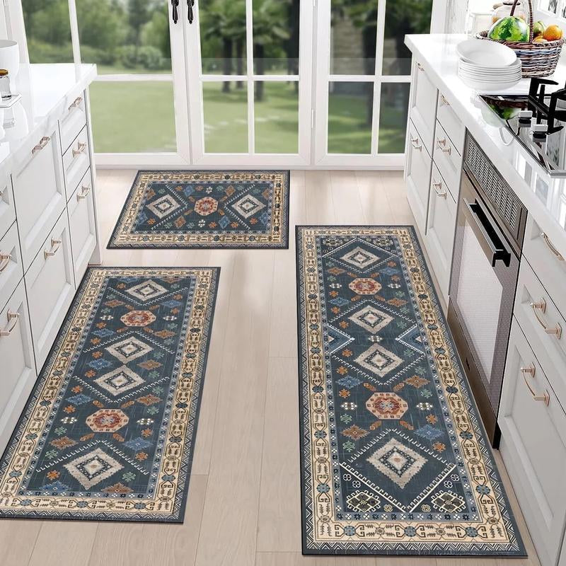 Boho 3-Piece Rug Set – Thick Non-Slip Flannel Mats for Kitchen, Hallway & Laundry