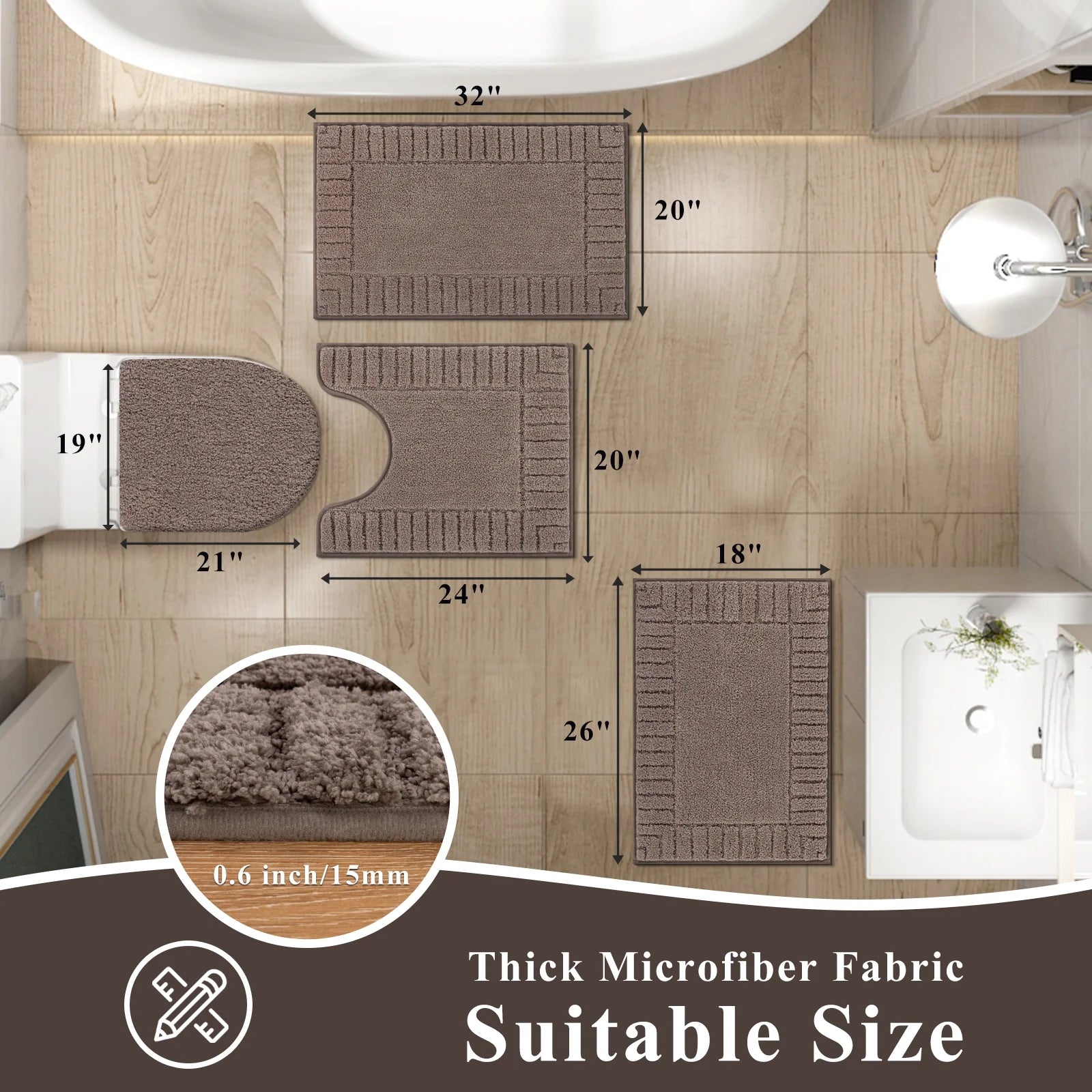 Bathroom Rugs Set of 4 Piece, Bath Mats, Microfiber Non Slip Shaggy Ultra Soft Bathroom Runner with U Shaped Contour Toilet Mat for Bathroom, Shower Inside Floor, Brown