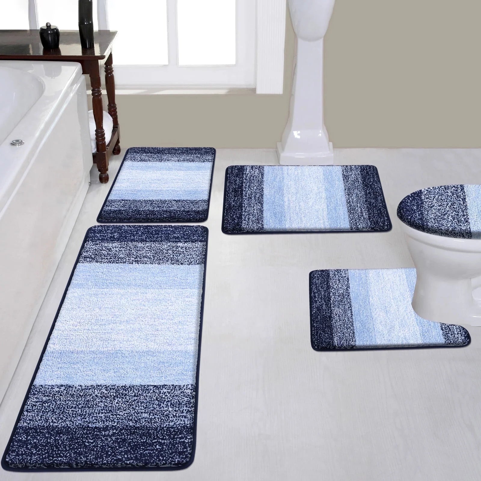 Traditional 4 Piece Microfiber Washable Bathroom Rug Set, Grey