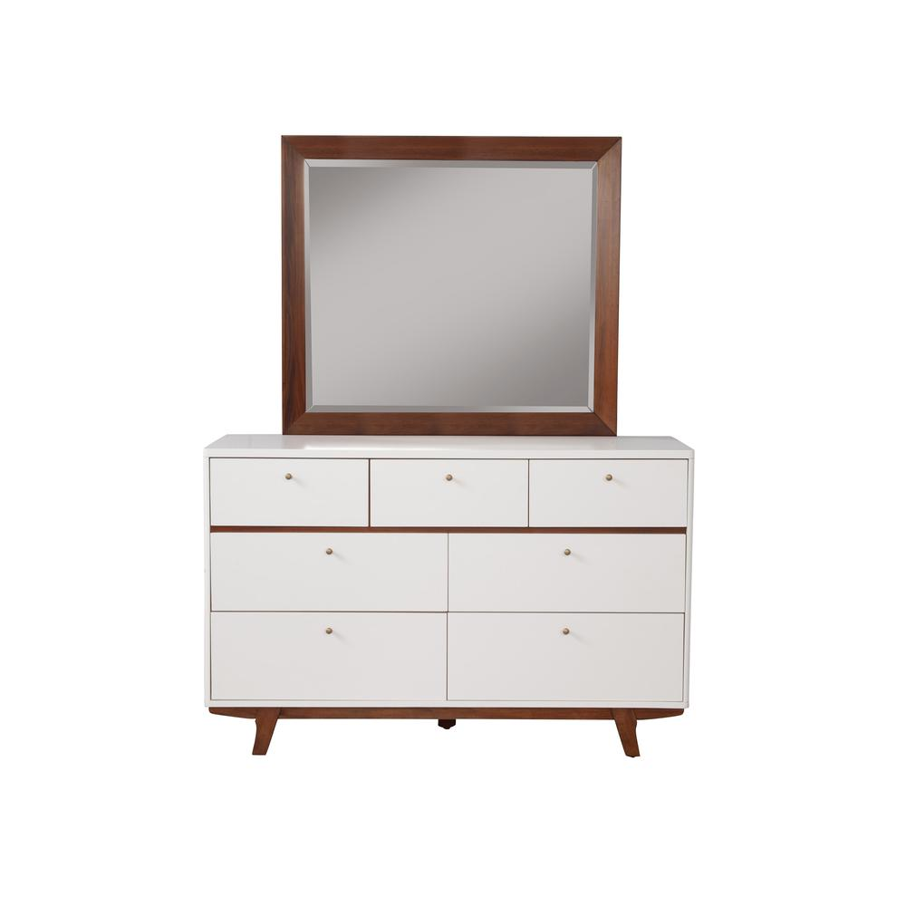 Dakota 7-Drawer Dresser – White & Acorn Brown Mid-Century Bedroom Storage