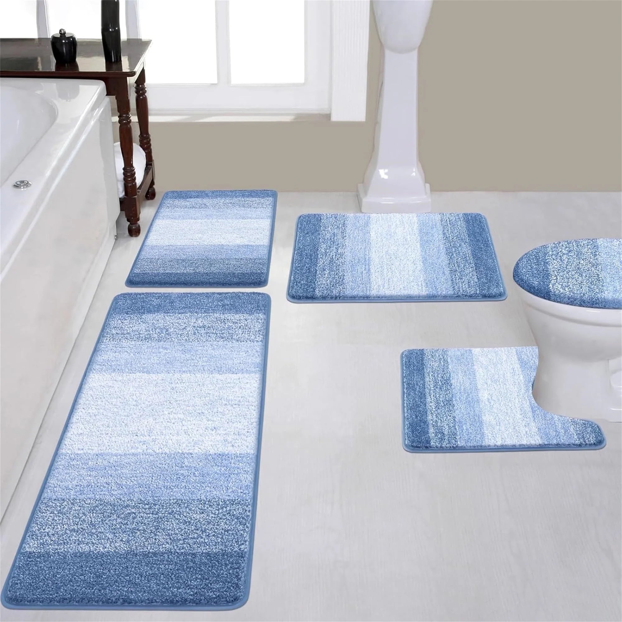 Traditional 4 Piece Microfiber Washable Bathroom Rug Set, Grey