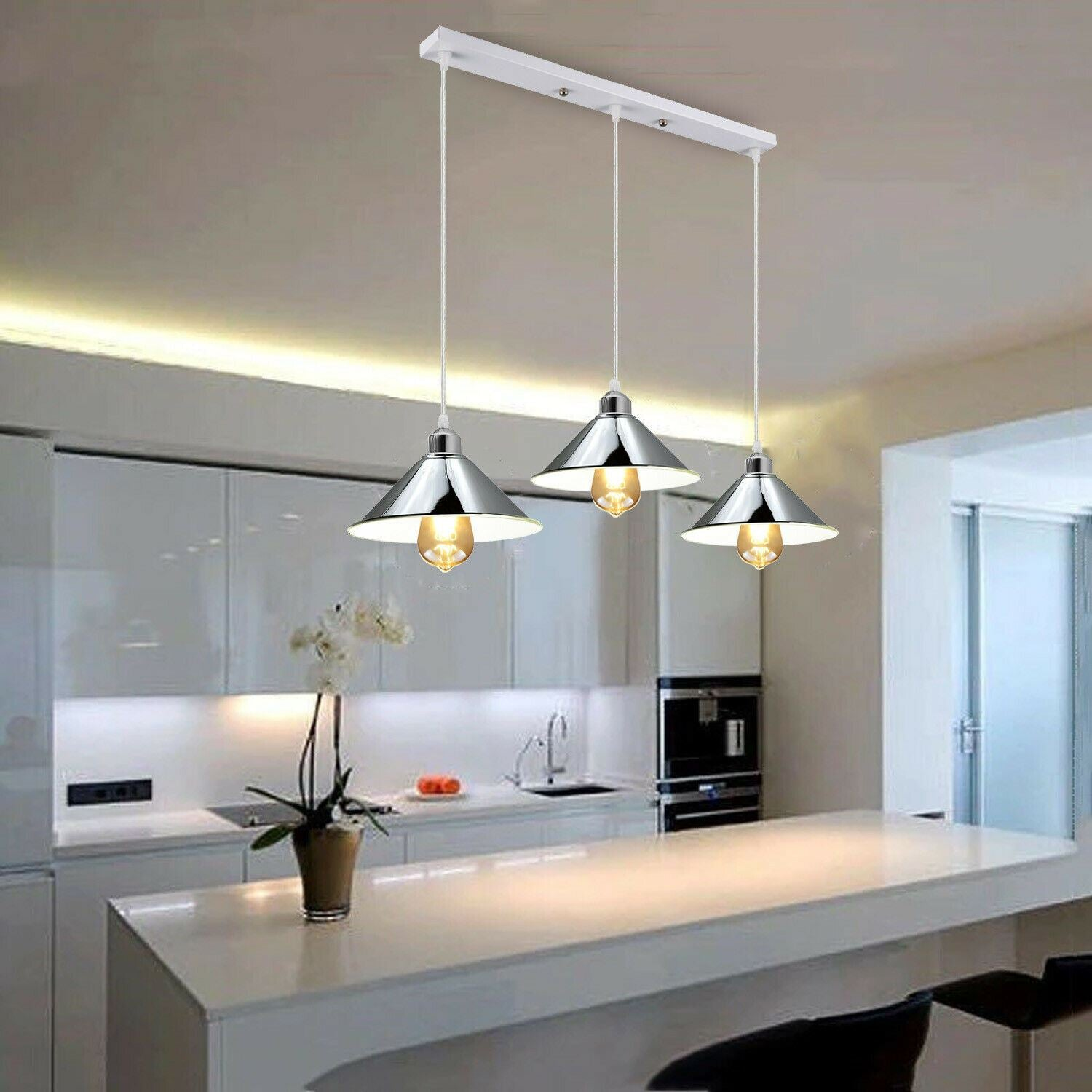 Modern Industrial Chrome 3 Way Ceiling Pendant Light Metal Cone Shape Shade Indoor Hanging Light~1183