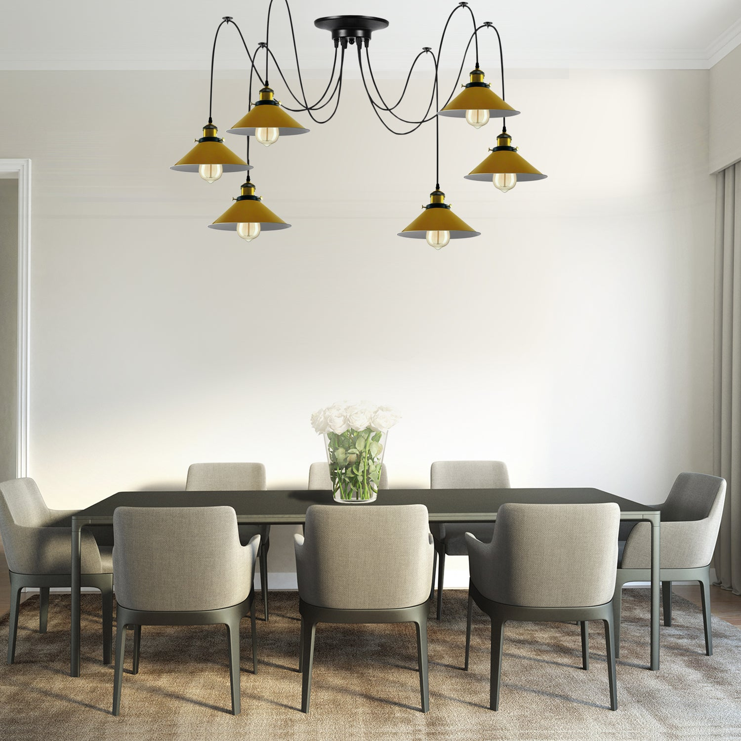 Modern Spider Pendant Chandelier – 6-Light Yellow Cone Shades Ceiling Lamp
