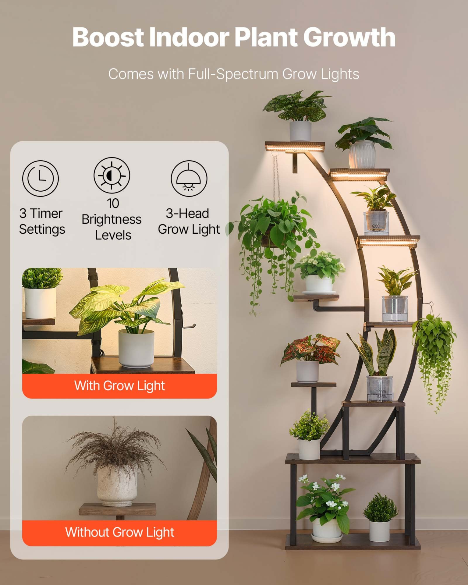 VEVOR Plant Stand Indoor with Grow Lights, 63 in Tall 9-Tier Lighted Plant Shelf, Metal Corner Plants Holder, 3 Timer & 10 Brightness, Curve-Shaped Flower Display Rack for Living Room Balcony Decor