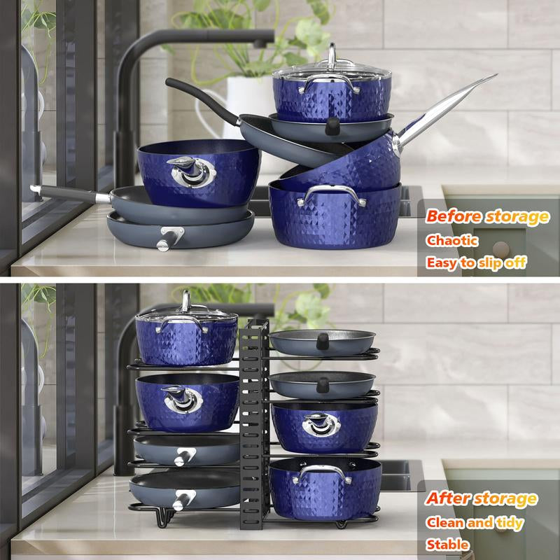 8-Tier Adjustable Pots and Pans Organizer Rack for Cabinets – Metal Kitchen Storage, Cookware and Lid Holder, Stackable Dish Rack for Kitchen Organization