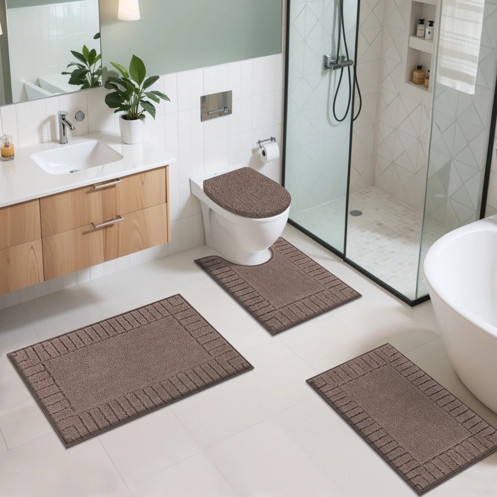 Bathroom Rugs Set of 4 Piece, Bath Mats, Microfiber Non Slip Shaggy Ultra Soft Bathroom Runner with U Shaped Contour Toilet Mat for Bathroom, Shower Inside Floor, Brown