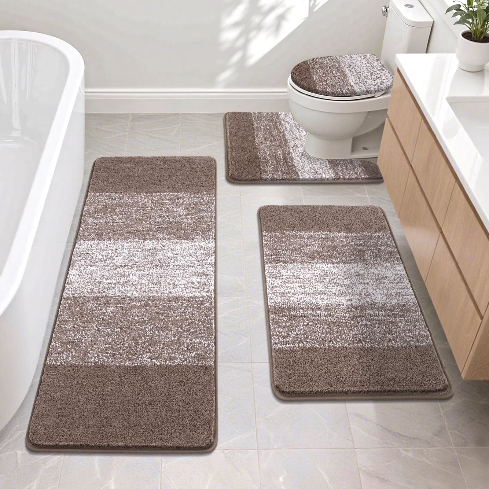 Traditional 4 Piece Microfiber Washable Bathroom Rug Set, Grey