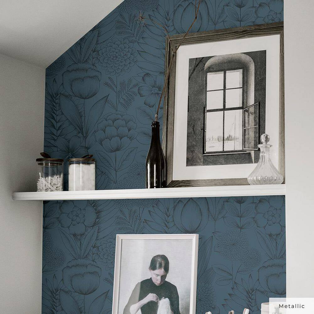 Metallic Blue Ribbon Homestead Floral Vinyl Peel and Stick Wallpaper Roll (Covers 28 sq. ft.)