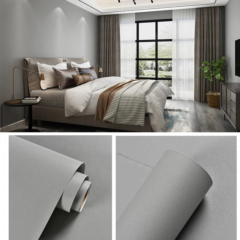 5m Pure Gray Waterproof Extra-Thick PVC Peel-and-Stick Wallpaper – Mould-Resistant for Bedrooms, Cabinets & Furniture