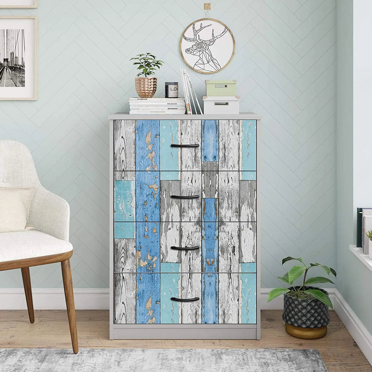Blue Distressed Wood Waterproof Vinyl Peel-and-Stick Wallpaper – Removable & Oil-Resistant