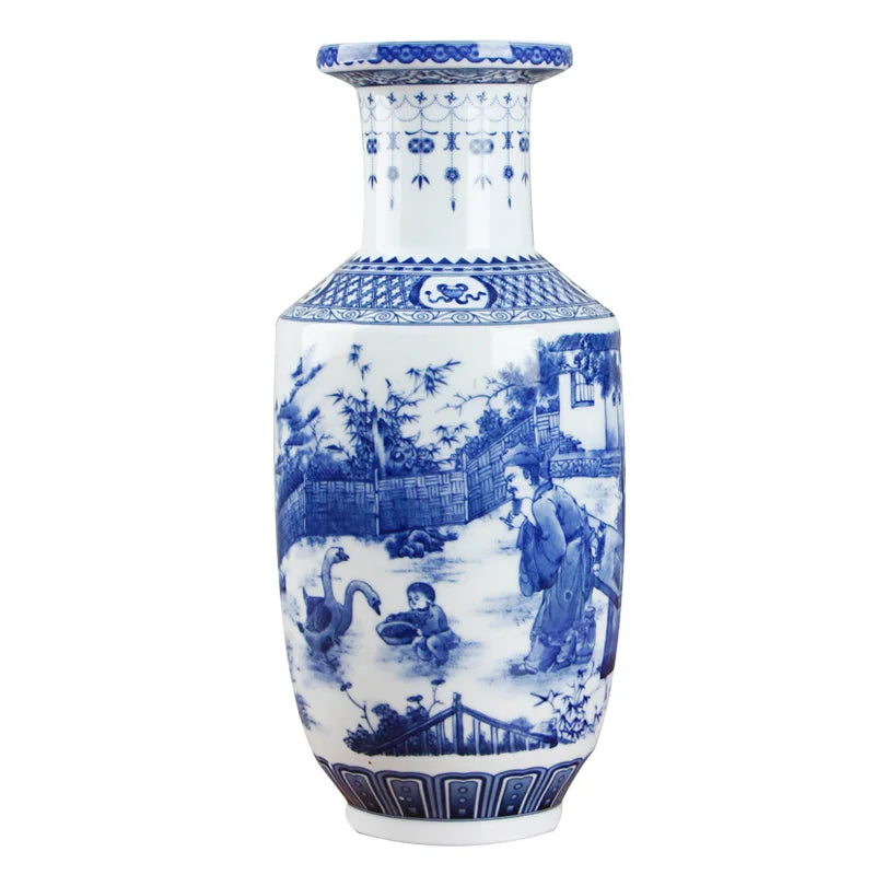 Classic Blue & White Ceramic Tabletop Vase – 6 Decorative Designs, 30 cm