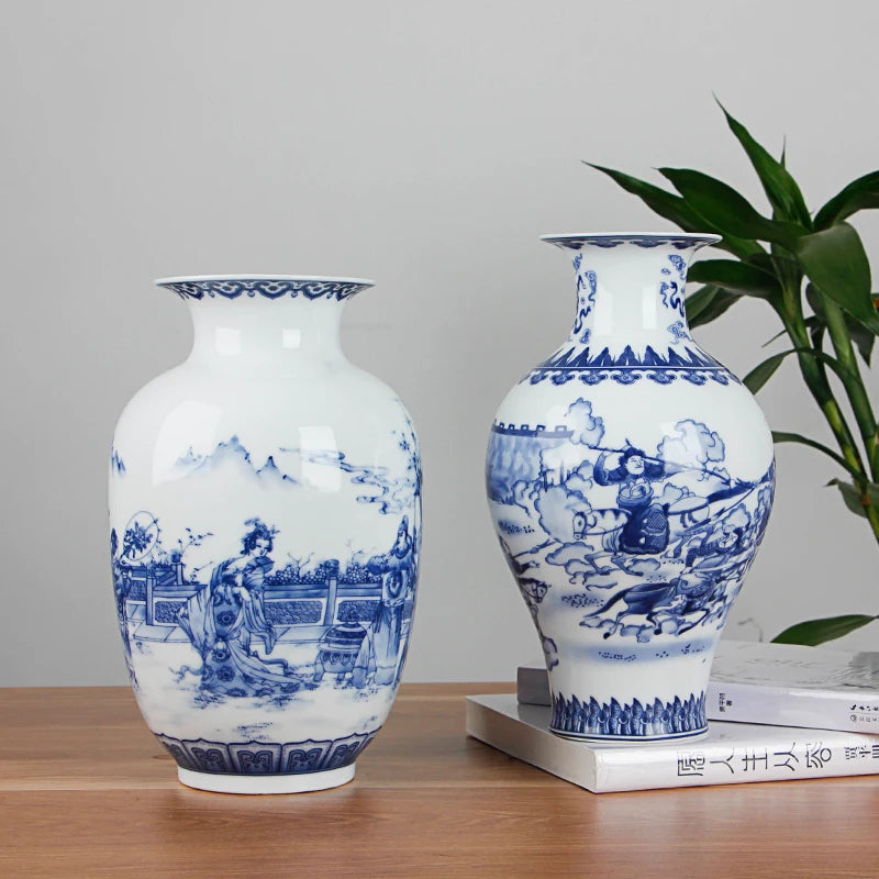 Classic Blue & White Ceramic Tabletop Vase – 6 Decorative Designs, 30 cm