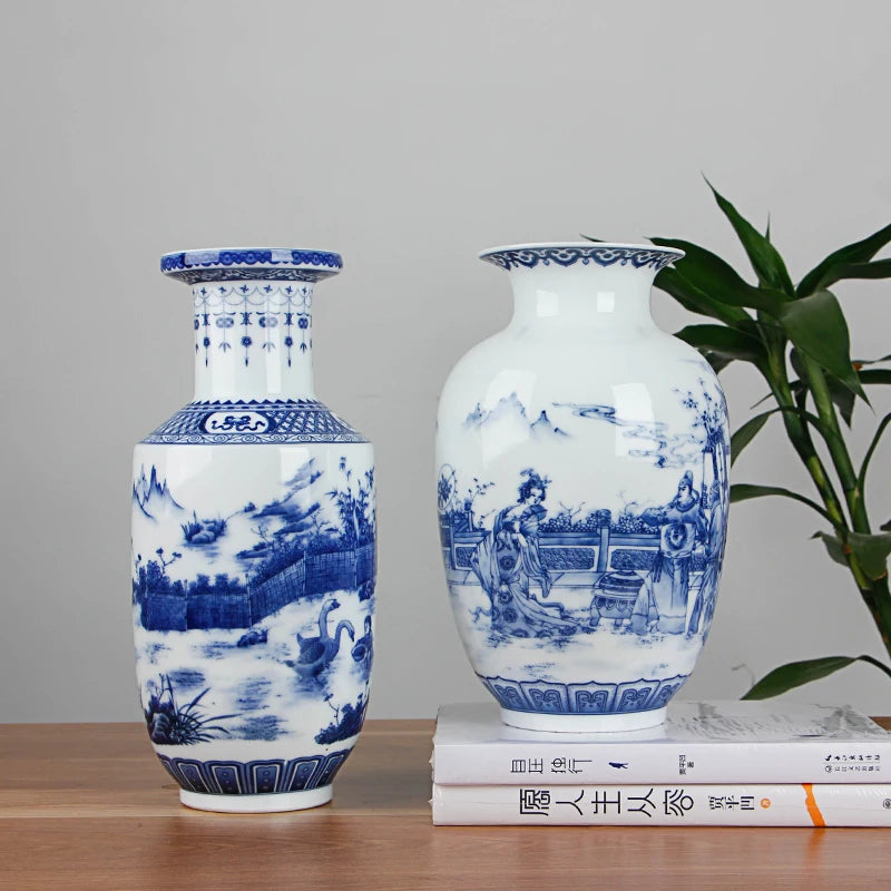 Classic Blue & White Ceramic Tabletop Vase – 6 Decorative Designs, 30 cm