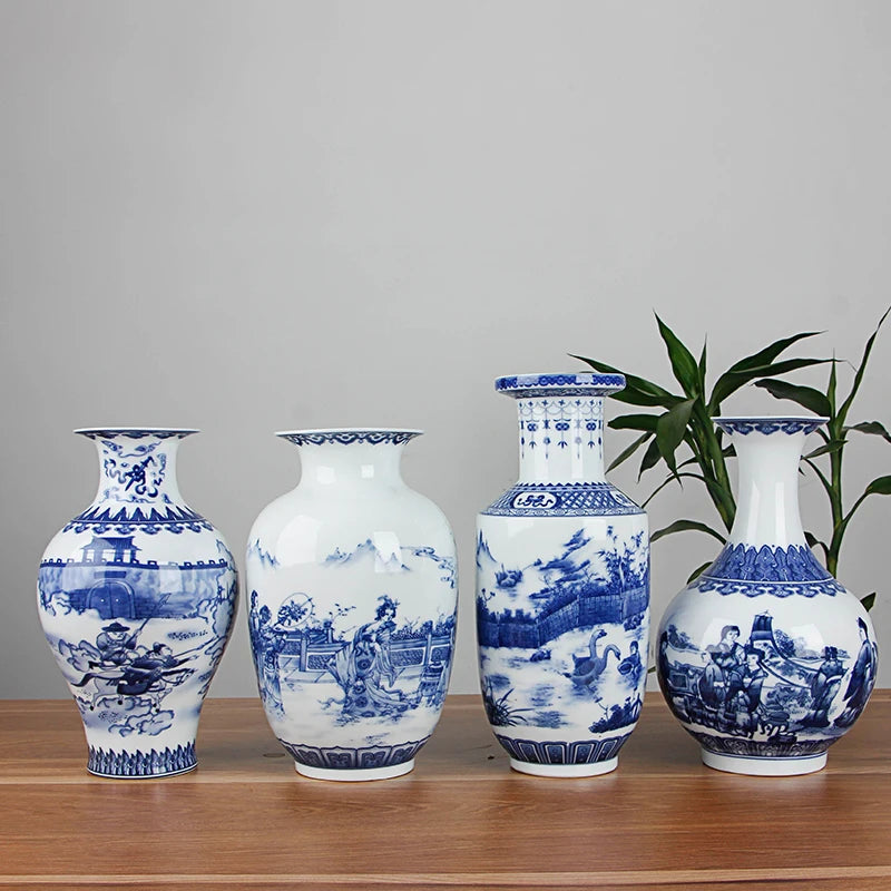 Classic Blue & White Ceramic Tabletop Vase – 6 Decorative Designs, 30 cm