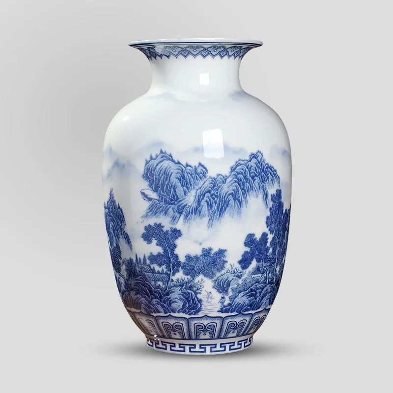 Classic Blue & White Ceramic Tabletop Vase – 6 Decorative Designs, 30 cm