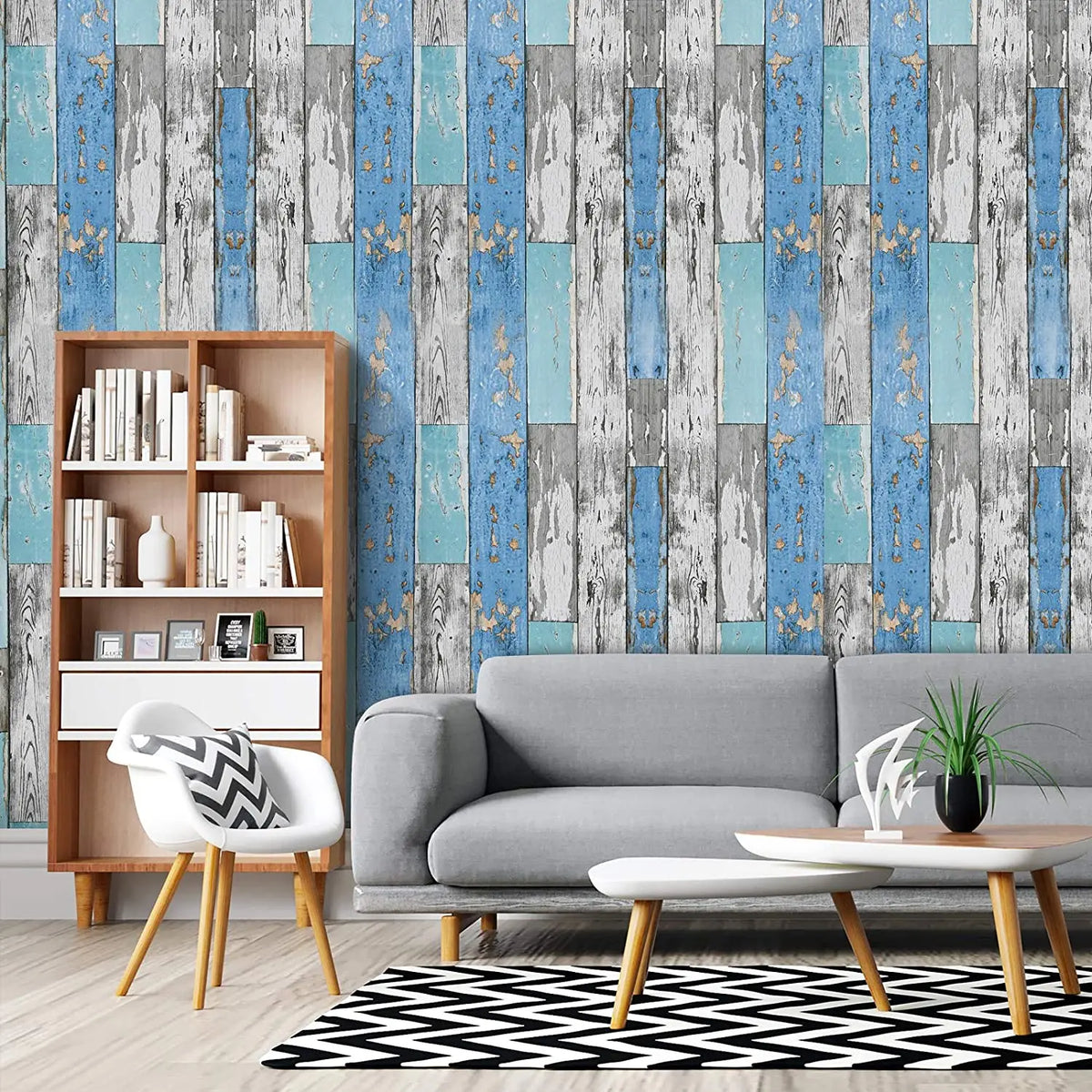 Blue Distressed Wood Waterproof Vinyl Peel-and-Stick Wallpaper – Removable & Oil-Resistant