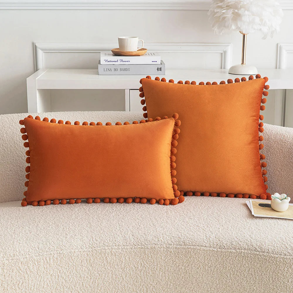 *Yellow & Orange Pompom Polyester Velvet Pillow Cover – 17.72 or 19.69 in Square / 11.81 × 19.69 in Lumbar (45 × 45, 50 × 50 or 30 × 50 cm), 1 Piece