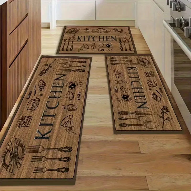 Wood-Grain Kitchenware Pattern Non-Slip Kitchen Rug & Entrance Mat – Soft Washable Polyester