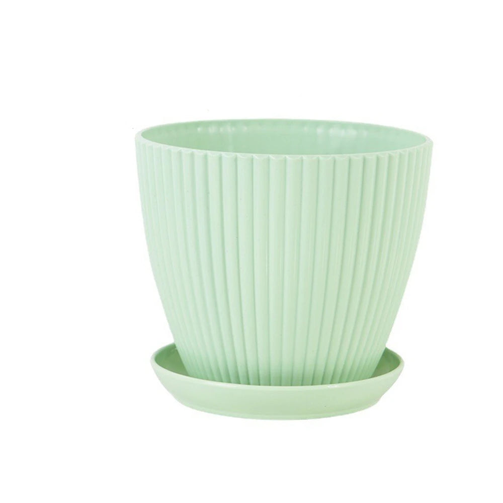 Round Plastic Planter with Tray – Modern Vertical Striped Flower Pot for Indoor & Outdoor Plants